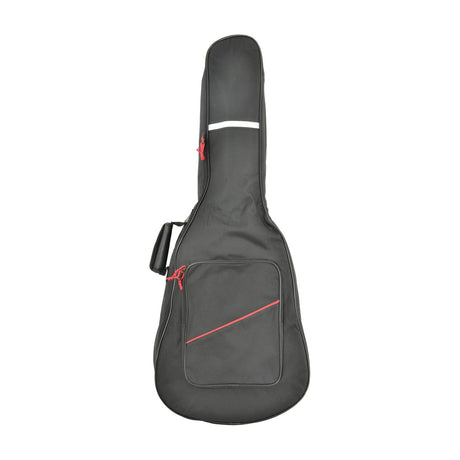 Chord GB-CB1 padded classical guitar gig bag in black with red zip pulls, front accessory pocket, reflective strip and shoulder strap, on white.