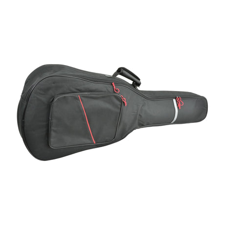 Chord GB-CB1 padded classical guitar gig bag in black with red zip pulls, front accessory pocket, top handle and reflective strip, on a white background.