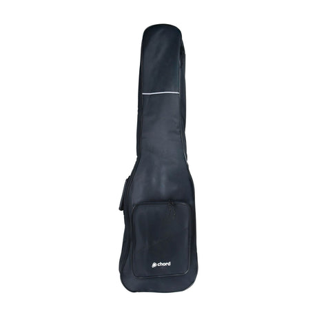 Chord GB-BB1 padded bass guitar gig bag in black with front zip pocket, reflective strip, and carry straps, shown on a plain white background.