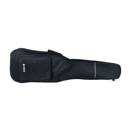 Chord GB-BB1 padded bass guitar gig bag in black with front accessory pocket, reflective strip and zip closure, shown on a plain background.