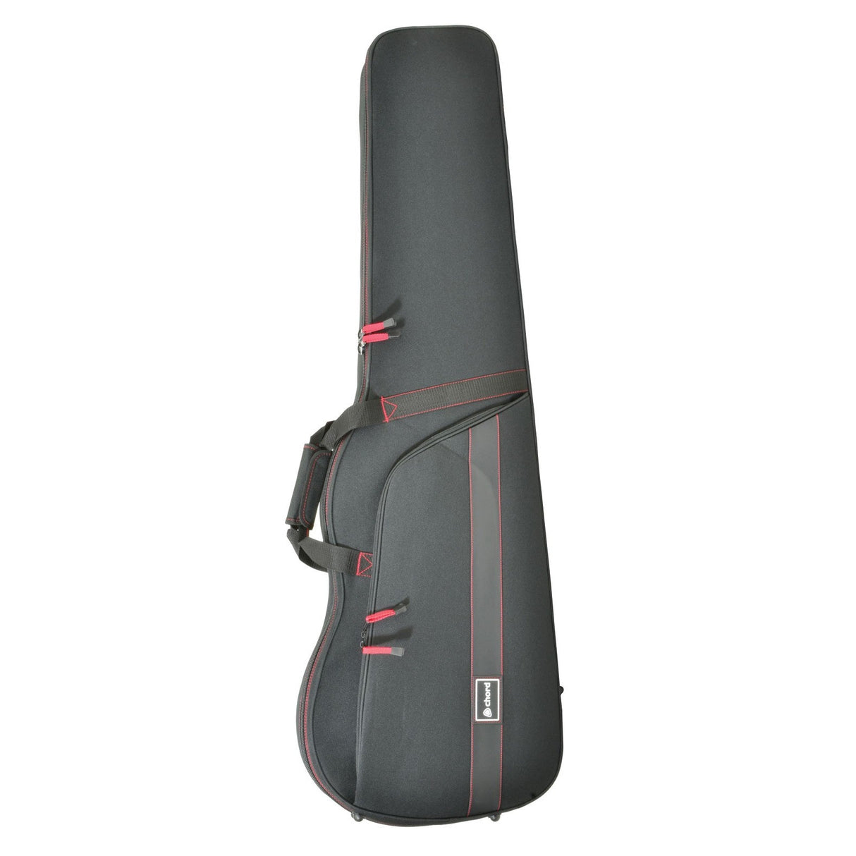 Introducing the Chord Solid Foam Guitar Case Bass, a lightweight gig bag with red stitching and a shoulder strap, designed to transport and shield your guitar with the ease of a case while providing the protection of a hard case.