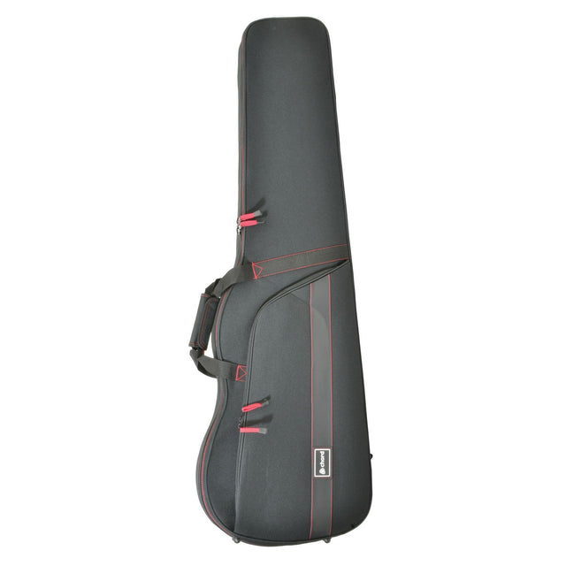 Introducing the Chord Solid Foam Guitar Case Bass, a lightweight gig bag with red stitching and a shoulder strap, designed to transport and shield your guitar with the ease of a case while providing the protection of a hard case.