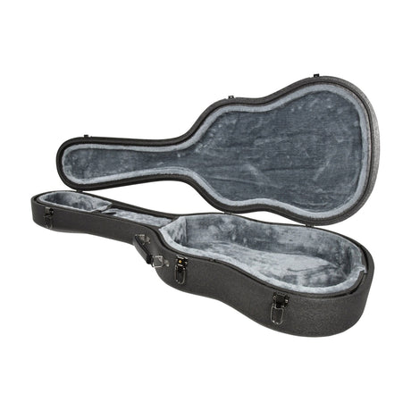 Chord EPP-CLASSICAL moulded classical guitar case shown open, revealing grey plush interior lining and black exterior with metal clasps, on a white background.