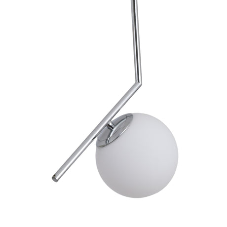 The Vetra Opal Glass Small Pendant Light in Grey features a minimalist pendant with a chrome angular arm and a round white frosted opal glass globe, creating an elegant look against any plain white background.