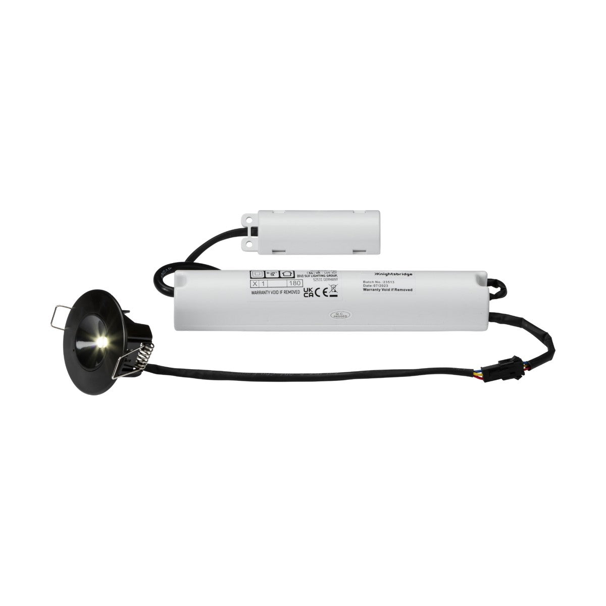Introducing the 3.5W LED Emergency Downlight 5500K - Black, a ceiling-installation module featuring a black circular fixture with advanced LED technology. It connects via wires to a white rectangular lithium battery pack and includes a compact white casing. Enhanced with a corridor lens for optimal performance, this downlight is suitable for maintained or non-maintained use in emergency lighting situations.