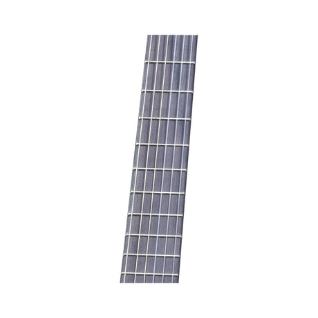 Close-up of a classical guitar fretboard showing nylon treble strings and silver-plated copper wound bass strings from the Chord CGS-NT set by AVSL.