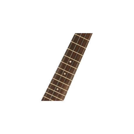 Close-up of a rosewood ukulele fretboard with white nylon strings, pearloid dot inlays, and metal frets on plain background.