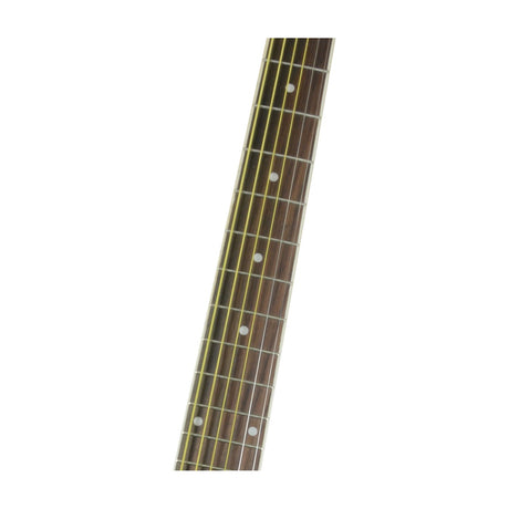 Close-up of Chord WG1152 80/20 bronze acoustic guitar strings fitted on a rosewood fretboard with dot inlays, shown against a white background.