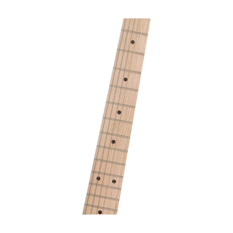 Close-up of a maple electric guitar neck with fret markers and strings fitted, shown against a plain white background.