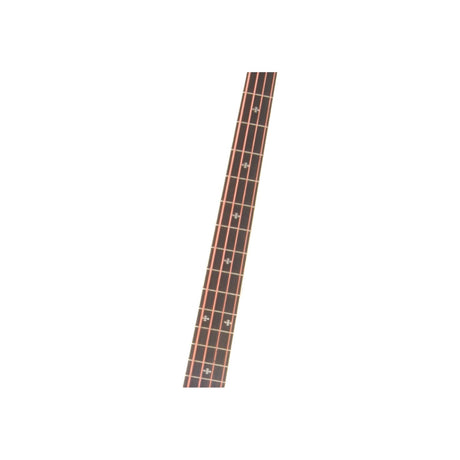 Close-up of a fretted bass guitar neck with wound strings and pearloid cross inlays, shown against a plain white background.