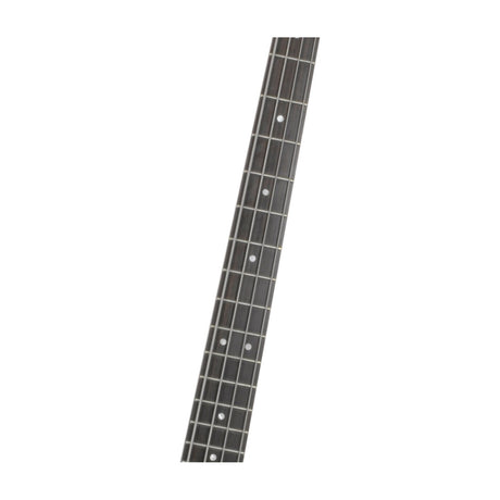 Close-up of a bass guitar fretboard fitted with Chord EBS-45105 round wound strings, showing dot inlays on a dark wood neck against a white background.