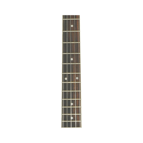 Rosewood banjo fretboard with pearloid position dot inlays and fitted steel strings, shown against a plain white background.