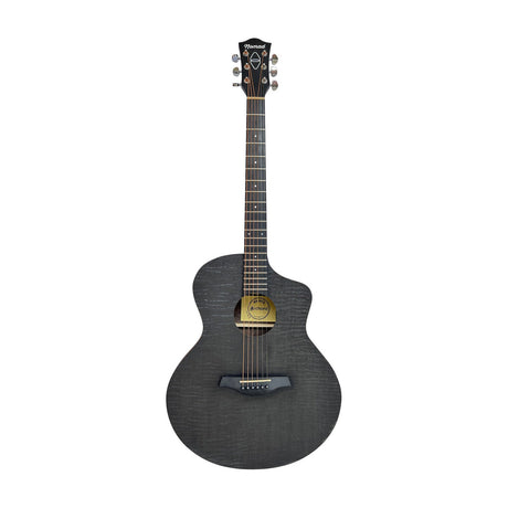Chord N6-BKQ Nomad electro-acoustic guitar, Grand Auditorium body with Venetian cutaway, black quilted maple finish, upright on white background.