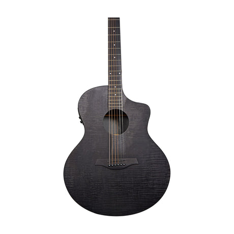 Chord N6-BKQ Nomad Grand Auditorium electro-acoustic guitar in black quilted maple with Venetian cutaway and dark fingerboard, on white background.
