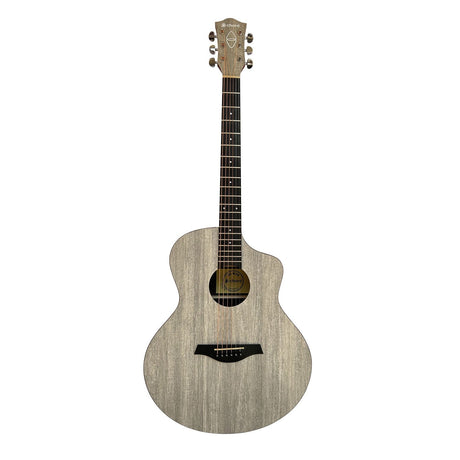 Picture of the Chord Nomad Electro-Acoustic Guitar in a weathered ash finish, showcasing its cutaway body and six strings. The ornate headstock and sustainable materials emphasize the guitar's elegance and superior craftsmanship as it stands against a plain white background.