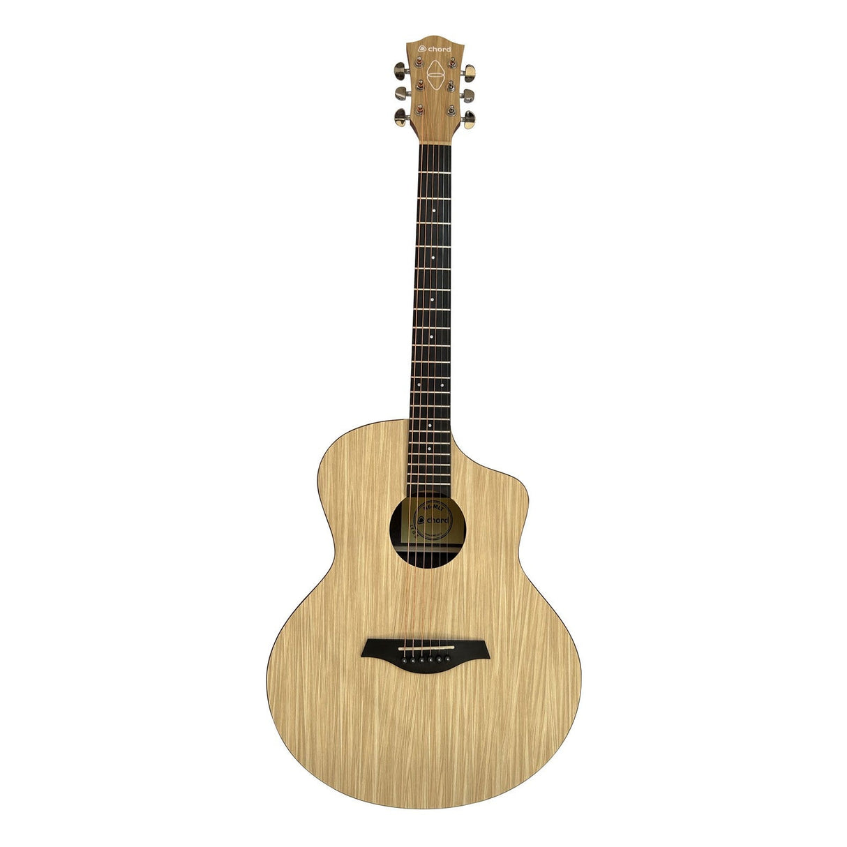 The Chord Nomad Electro-Acoustic Guitar in Malted Maple showcases a natural wood cutaway design, highlighted by its light wood grain finish. It is equipped with six strings and a rosette-adorned soundhole, and constructed from sustainable materials. The guitar features a dark bridge and silver tuning pegs on the headstock for precise tuning.