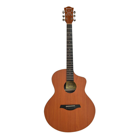 The Chord Nomad Electro-Acoustic Guitar - Cherry is an acoustic guitar with a polished wooden body and exotic woodgrain finishes on a dark fretboard. This Grand Auditorium guitar features six strings, a cutaway design, and tuning pegs at the headstock, crafted using sustainable materials.