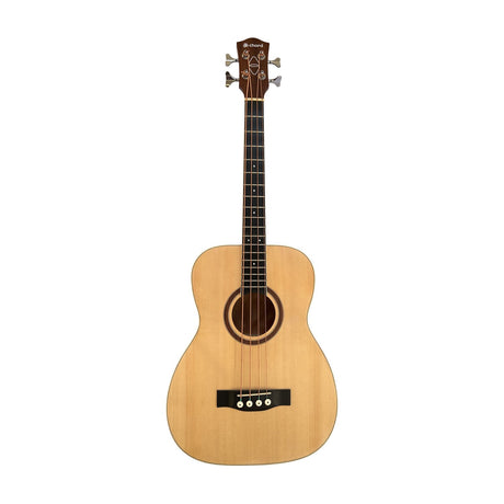 Chord BOM-40 short-scale electro-acoustic bass guitar with laminated spruce top, mahogany body, four strings and chrome tuners on a white background.