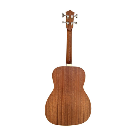 Rear view of the Chord BOM-40 short-scale electro-acoustic bass showing the mahogany OM-style body, okoume neck and chrome two-a-side tuners.