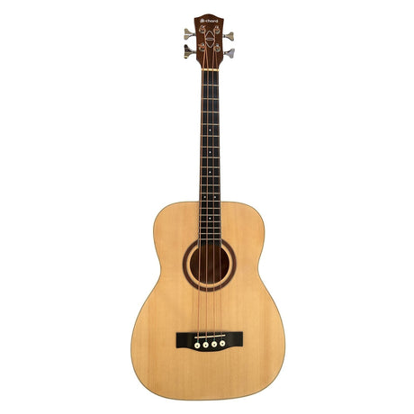 The Chord BOM-40 Electro-Acoustic Short-Scale Bass Guitar boasts a compact design with a light wood body and a dark fretboard, featuring four tuning pegs. Its short-scale neck enhances playability, and the circular sound hole is accented with a decorative rosette pattern for added flair.