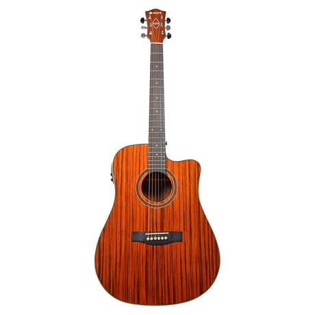 The Chord Sundown Electro-Acoustic Western Guitar in Dark Zebrano features a striking orange and black striped finish, a venetian cutaway body, and six strings. It comes with a dark fretboard adorned with dot inlays and is equipped with a 3-band active EQ system. The headstock prominently displays tuning pegs along with the logo.