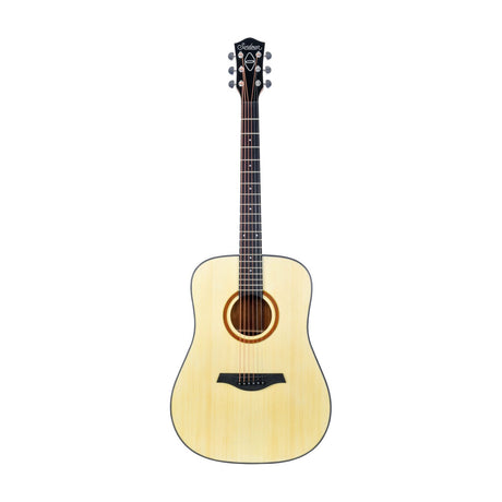 Chord SD11-NAT Sundown Western dreadnought acoustic guitar with natural linden body, rosewood fingerboard and chrome die-cast tuners on a white background.
