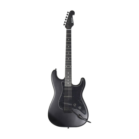 Chord CAL63X matt black electric guitar with three single coil pickups, black pickguard, maple neck, and chrome vibrato bridge on a white background.