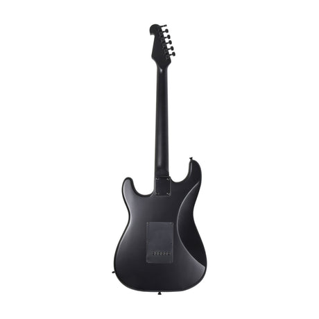 Rear view of the Chord CAL63X matt black electric guitar with bolt-on maple neck, six-a-side chrome tuners and back access plate, on a white background.