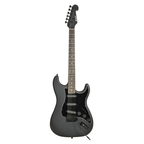 The Chord CAL63X Guitar in Matte Black is an electric guitar characterized by its black body and pickguard. It features six strings and a fretboard adorned with dot inlays. This guitar is equipped with single coil pickups, three control knobs, and a whammy bar integrated into its vibrato bridge system.