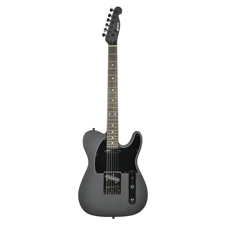 The Chord CAL62X Guitar in Matte Black is an electric guitar crafted from sustainable materials. It boasts a single-cutaway body shape with six strings, equipped with two single-coil pickups. The guitar features a rosewood fretboard adorned with white dot inlays and chrome hardware.