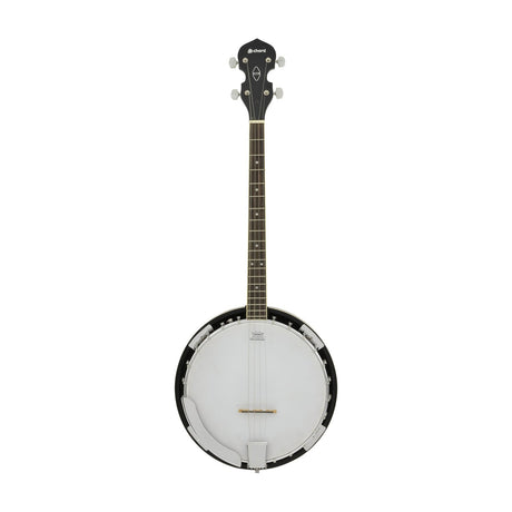 Chord BJ-4T 4-string tenor banjo with mahogany resonator body, Remo drum head, chrome arm rest, and black headstock, shown on a white background.