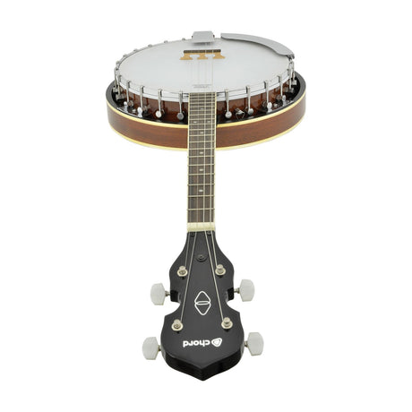 Chord BJ-4T four-string tenor banjo with mahogany resonator body, coated drum head, chrome arm rest and geared tuners, shown upright on a white background.