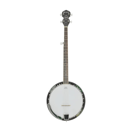 Chord BJ-5G 5-string resonator banjo in G with mahogany neck, closed-back resonator, chrome arm rest and coated Remo drum head, on a white background.