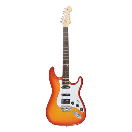 The Chord CAL64 Guitar in Cherryburst features a maple neck and white pickguard, along with an H-S-S pickup configuration and six tuning pegs, set against a plain white background.