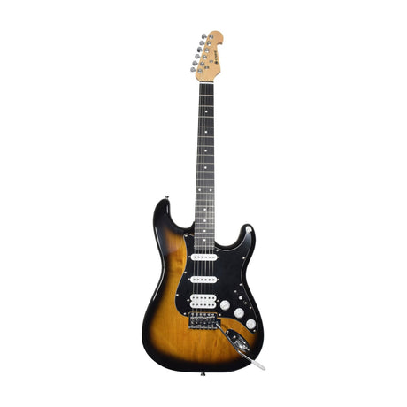 Chord CAL64-TS H-S-S electric guitar in tobacco sunburst with black pickguard, maple neck, chrome vibrato bridge and 6-a-side tuners, on white.