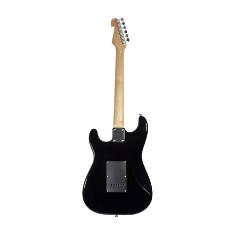 Rear view of the Chord CAL64-TS H-S-S electric guitar showing the black body, maple neck, chrome tuners and rear tremolo cover plate on a white background.