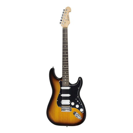 Introducing the Chord CAL64 Guitar in Tobacco Sunburst: a solid body electric guitar featuring a striking sunburst finish, complemented by a black pickguard and a maple neck. It comes with six strings and multiple control knobs, offering an H-S-S pickup configuration along with a vintage vibrato system for dynamic sound versatility.