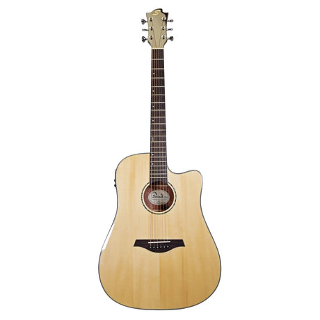 The Sevinia W41C features a solid spruce top acoustic guitar in a light-colored finish, designed with a cutaway and mahogany back and sides. It comes equipped with six strings, an intricate soundhole rosette, tuning pegs on the headstock, as well as a wooden bridge and pickguard. Its smooth body delivers crisp sound ideal for electro-acoustic performances.