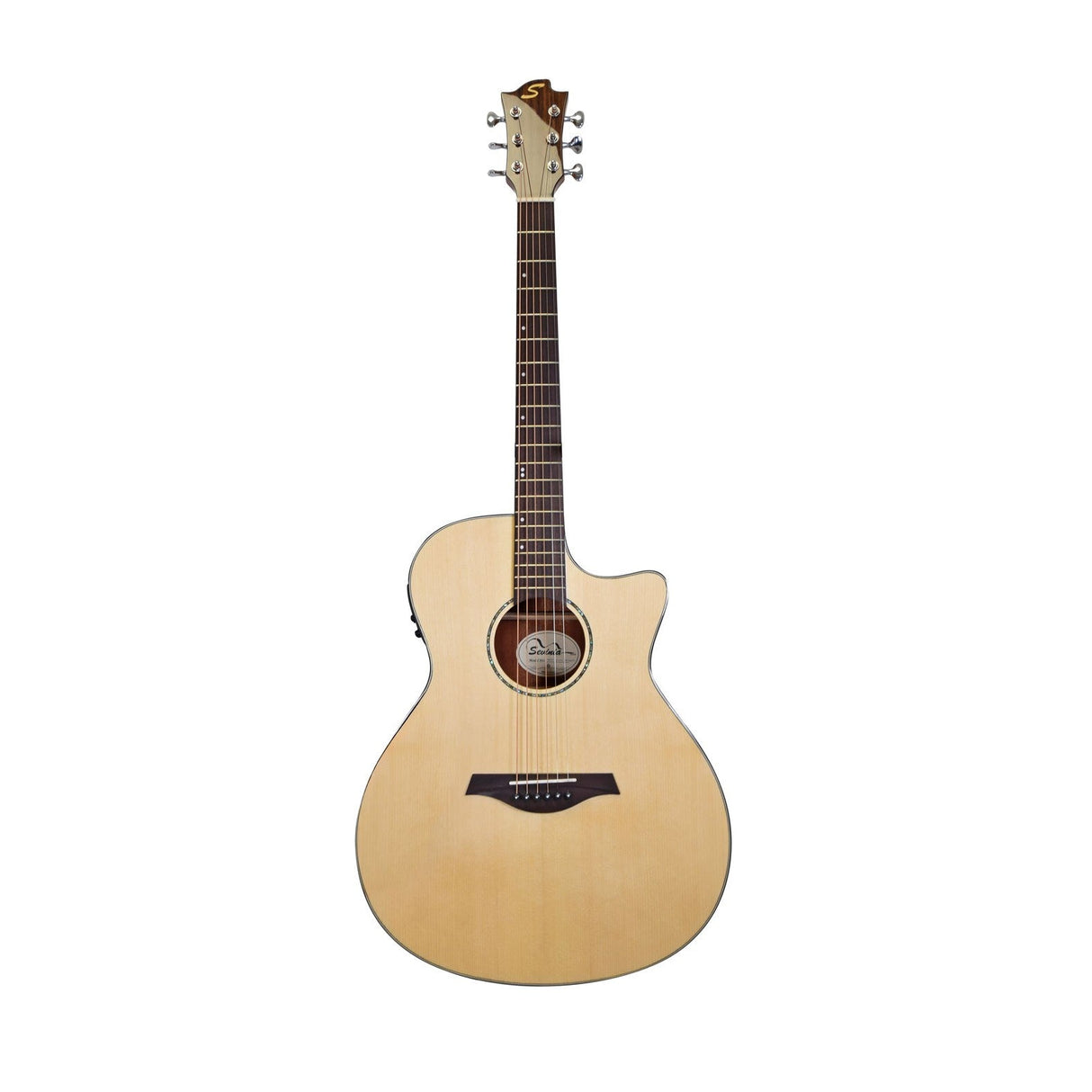 The Sevinia GA41C Solid Spruce Top Guitar features a natural wood finish with a cutaway body and six strings. It includes a dark fretboard and headstock equipped with tuning pegs. The guitar presents a circular soundhole embellished by an ornate rosette, complemented by solid spruce tops for superior sound quality, with mahogany back and sides.