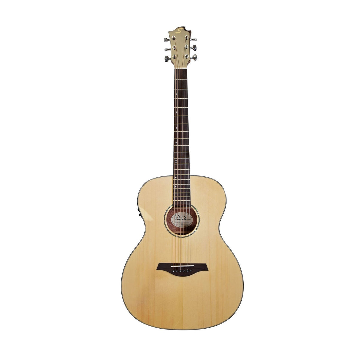 The Sevinia Sevinia OM40 Solid Spruce Top Guitar showcases a natural wood finish with a classic body shape, six strings, and a soundhole adorned with a decorative rosette. This instrument features solid spruce tops and mahogany back and sides, along with tuning pegs on the headstock, enhanced by a 3-band EQ for versatile sound control.