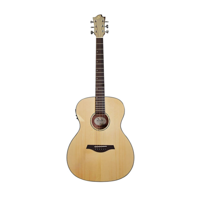 The Sevinia Sevinia OM40 Solid Spruce Top Guitar showcases a natural wood finish with a classic body shape, six strings, and a soundhole adorned with a decorative rosette. This instrument features solid spruce tops and mahogany back and sides, along with tuning pegs on the headstock, enhanced by a 3-band EQ for versatile sound control.