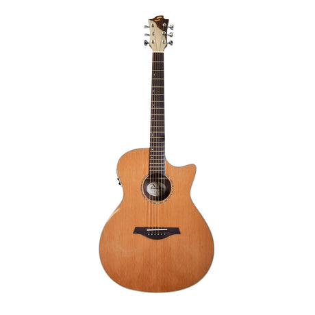 Introducing the Sevinia GA41C Solid Cedar Top Guitar, an electro-acoustic guitar with a natural wood finish and a cutaway design. This six-string instrument features a solid cedar top complemented by rosewood back and sides. It is equipped with silver tuning pegs, a distinctive soundhole rosette, a dark wooden bridge, and includes a 3-band EQ to elevate your music experience.