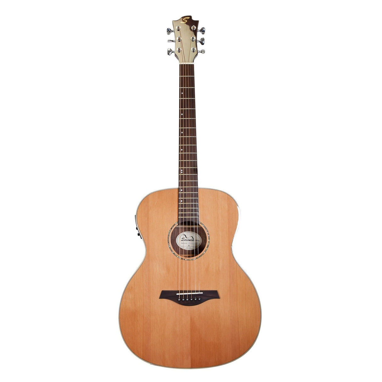 The Sevinia OM40 features a solid cedar top with a natural finish and six strings. Its dark fretboard is beautifully paired with the slightly rounded body, showcasing an ornate rosette around the soundhole. This elegant instrument also boasts six tuning pegs crowning its headstock, complemented by rosewood back and sides.