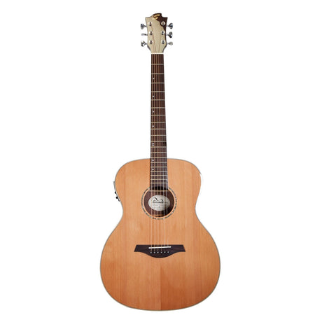 The Sevinia OM40 features a solid cedar top with a natural finish and six strings. Its dark fretboard is beautifully paired with the slightly rounded body, showcasing an ornate rosette around the soundhole. This elegant instrument also boasts six tuning pegs crowning its headstock, complemented by rosewood back and sides.