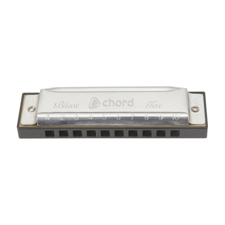 Chord Blues Ten diatonic harmonica in the key of A with chrome cover plates, numbered 1 to 10 holes, and black comb, shown on a white background.