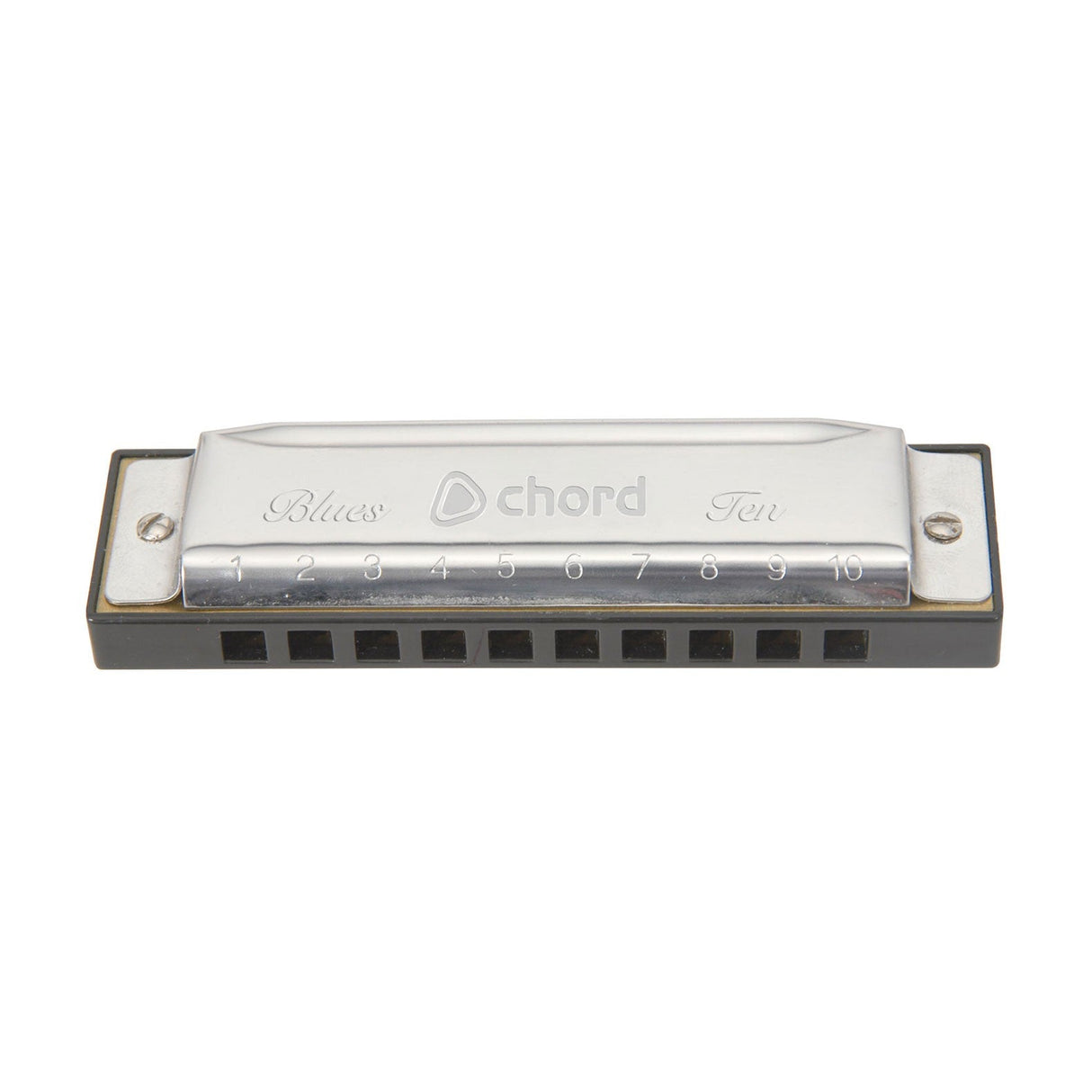 The Chord Blues Ten Harmonica - B is a silver and black harmonica with "Blues" and "Ten" engraved on its cover. It features ten holes, each marked with numbers 1 to 10 above them. With phosphor bronze reeds, this harmonica is ideal for blues enthusiasts who seek rich tones.