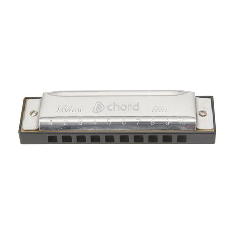 The Chord Blues Ten Harmonica - B is a silver and black harmonica with "Blues" and "Ten" engraved on its cover. It features ten holes, each marked with numbers 1 to 10 above them. With phosphor bronze reeds, this harmonica is ideal for blues enthusiasts who seek rich tones.