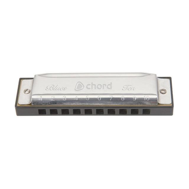 The Chord Blues Ten Harmonica - B is a silver and black harmonica with "Blues" and "Ten" engraved on its cover. It features ten holes, each marked with numbers 1 to 10 above them. With phosphor bronze reeds, this harmonica is ideal for blues enthusiasts who seek rich tones.