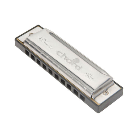 Chord Blues Ten 10-hole diatonic harmonica in E with numbered chrome cover plate and black comb, shown at an angle on a white background.