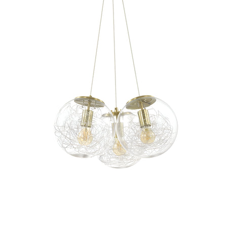 The Lyria 3 Light Cluster Pendant - Brass showcases a contemporary design with three clear blown glass diffusers. Each globe is adorned with a decorative wire pattern encircling a vintage-style filament bulb, elegantly suspended from a central brass mount by three cables.